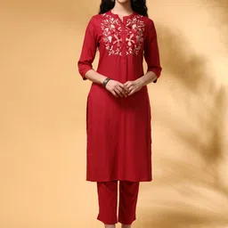 Anouk Floral Embroidered Mandarin Collar Thread Work Straight Kurta With Trousers-picture-21
