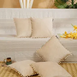 HOSTA HOMES Cream 5 Pieces Geometric Velvet Square Cushion Covers-image-19