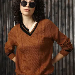 High Star Women V-Neck Self Design Cable Knit Longline Pullover-picture-8