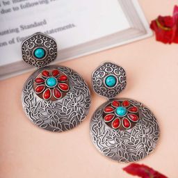 Sangria Blue Silver-Plated Turquoise Stones Studded Beaded Oxidised Drop Earrings-49