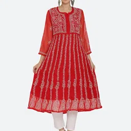 KHAKA Women Ethnic Motifs Embroidered Panelled Chikankari Kurta with Trousers-30