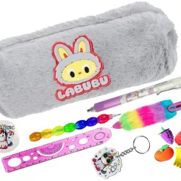 8 Pcs Labubu Doll Kawaii Stationery Set Labubu Fluffy Pencil Pouch Pencil Case Combo Set for Pen/pencil/eraser and Keychain Badge for Best Rakhi Gift for Kids Art Canvas Pencil Box-picture-33