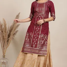 AURELIA Ethnic Motifs Printed Sequined Work Pure Cotton Straight Kurta With Skirt-5