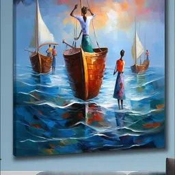 Livin'luxe Blue & Brown Printed Boats Canvas Wall Art-image-13