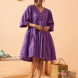 ARAVALII Puff Sleeve Cotton Wrap Dress-image-73