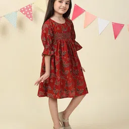 Fabindia Girls Ethnic Motifs Printed Round Neck Bell Sleeve Cotton Empire Dress-picture-13
