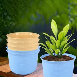Kuber Industries Blue & Beige 6 Pieces Textured Flower Pots With Plate-17