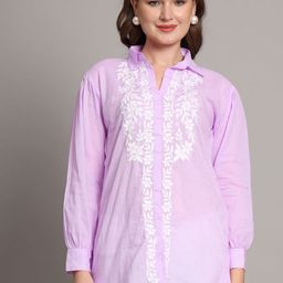 The Chikan Label Floral Embroidered Shirt Collar Pure Cotton A-Line Kurti-image-61