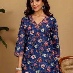 Chowkhat Women Floral Printed V-Neck Pure Cotton Straight Kurti-56