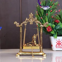 Laddu Gopal on Jhulla Palana Metal Statue Gold Plated metal Krishna Murti Decorative Showpiece - 18 cm-image-22