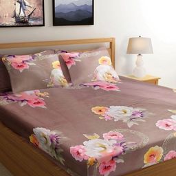 HARYANA HOOPS Brown & Pink Floral 220 TC Queen Bedsheet with 2 Pillow Covers-image-69
