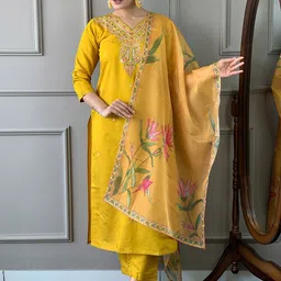KALINI Floral Embroidered Thread Work Cotton Silk Straight Kurta With Trousers & Dupatta-picture-53