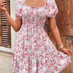 KPOP Women Floral Printed Puff Sleeve Fit-Flare Dress-image-60