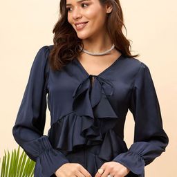JUNE & HARRY Tie-Up Neck Bell Sleeve Satin Top-18