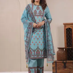 Span Women Floral Printed Cotton Kurta with Trouser & Dupatta-image-99