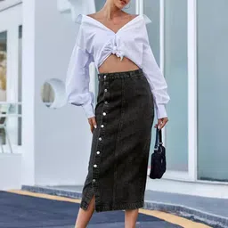 Outzidr Side Button Down Midi Straight Denim Skirt-26