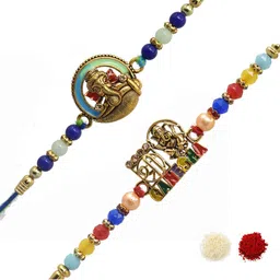 MEIRA JEWELLERY Set Of 2 Stone-Studded & Beaded Rakhi With Greeting Card Gift Set-image-32