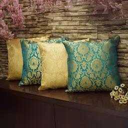 RoyalDeco Green & Gold-Toned 4 Pieces Embroidered Square Cushion Covers-15