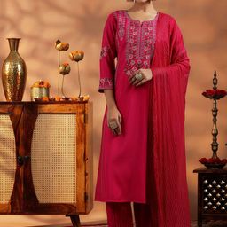 Libas Floral Embroidered Thread Work Notch Neck A Line Kurta with Salwar & Dupatta-picture-26