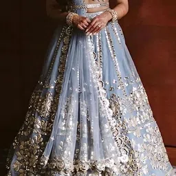 ODETTE Embroidered Mirror Work Net Semi-Stitched Lehenga & Unstitched Blouse With Dupatta image 3