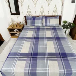 Marika Blue & Grey Checked 180 TC Queen Bedsheet Set 2.54 m x 2.28 m-7