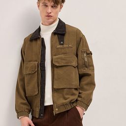 THE BEAR HOUSE Men Spread Collar Solid Cotton Casual Bomber Jacket-image-68