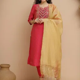 Tulsattva Floral Yoke Design Mirror Work Straight Kurta With Trousers & Dupatta-15