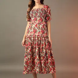 Trend Arrest Women Floral Printed Puff Sleeves A-Line Midi Dress-74