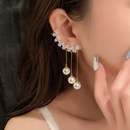 KRENOZ Gold-Plated American Diamond Studded & Pearls Beaded Tasselled Korean Drop Earrings-image-86
