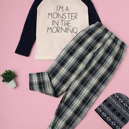 RAINE AND JAINE Boys Text Printed & Checked Pure Cotton T-shirt with Trousers Night Suit-picture-49