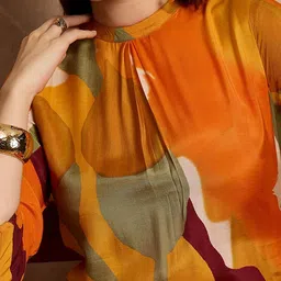all about you Orange-Coloured Abstract Printed Regular Kurta with Trousers image 5