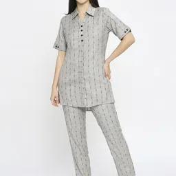 MORDEN MUSE Self Design Shirt Collar Tunic With Trousers-image-78
