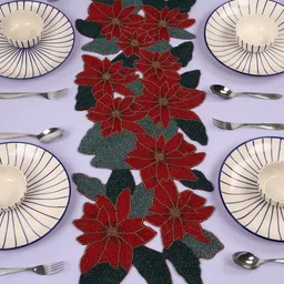 YWULY Red & Green Floral Beaded Table Runner-11