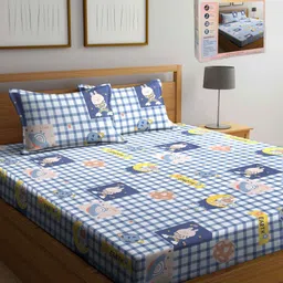 FABINALIV Blue & White Cartoon Characters 300 TC King Bedsheet with 2 Pillow Covers-image-72