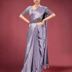 Kandora Belted Satin Saree With Embroidered Blouse Piece-image-73