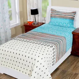 MORADO White & Blue Ethnic Motifs Woolen 260 TC Single Bedsheet Set-91.44cmx1.9 mx20.32 cm-image-40