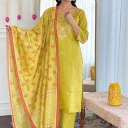 KALINI Women Floral Embroidered Regular Thread Work Chanderi Silk Kurta with Trousers & With Dupatta-picture-18