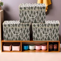 Aura Cream 3 Pieces Printed Foldable Square Cotton Wardrobe Drawer Organisers-50