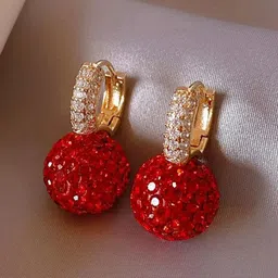 SUYUG Gold-Plated Artificial Stones Studded Ball Shaped Korean Hoop Earrings-16