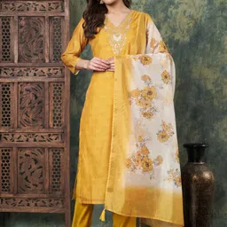 all about you Women Floral Embroidered Regular Chanderi Cotton Kurta with Trousers & With Dupatta-18