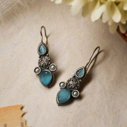 NAMAN ARTS Silver-Plated Artificial Stones Studded Oxidised Teardrop Shaped Drop Earrings-4