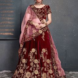 ETHNIC PLUS Embroidered Zari Semi-Stitched Velvet Lehenga & Unstitched Blouse Dupatta-image-57