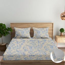 Trance Home Linen Blue Floral Pinted 210 TC Cotton Fitted Queen Bedsheet Set 1.98m x 1.07m-33
