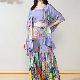 House of Kaftan Printed Shoulder Strap Crop Top With Shrug & Sharara Co-Ords Set-picture-19