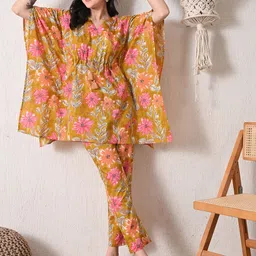 AVYCO Women Floral Printed Cotton Kaftan Kurta with Trousers-picture-28