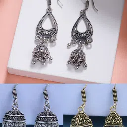 Anouk Set Of 3 German Silver Gold Plated Traditional Oxidised Dome Shaped Jhumkas-38