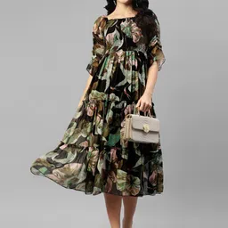 PTVIZE Women Floral Printed Puff Sleeve Tiered Pleated Detail Fit and Flare Midi Dress-picture-17