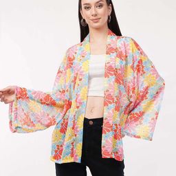 FLY STITCH Floral Printed Longline Chiffon Open Front Shrug-image-85