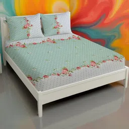 IVAZA Green Floral 250 TC Queen Bedsheet with 2 Pillow Covers-image-53