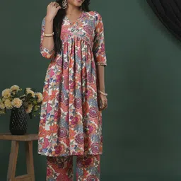 Globus Women Floral Printed High Slit Thread Work Kurta with Trousers-picture-37
